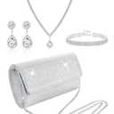 Subiceto 4Pcs Silver Clutch Purse Jewelry Set for Women Evening Rhinestone Purse Crystal Necklace Earrings Bracelets Set Silver Accessories for Women Bride Wedding Jewelry Lightweight Teardrop