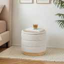 Round Storage Ottoman with Reversible Tray Lid, Folding Chenille Fabric Footrest with Hidden Storage, 15.4" Footstool for Small Spaces Living Room Bedroom, Wood Grain Base, Cream White, 15.4"D x 15.4"W x 14.6"H