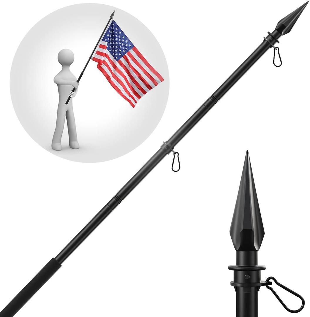 Flag Pole with Obelisk Topper 5 to 8.5FT with Embroidered American Flag for House Outdoor Carry Portable Use, Extendable Heavy Duty Black Flagpole Kit to Fly 2 Flags Together, Spear Finial