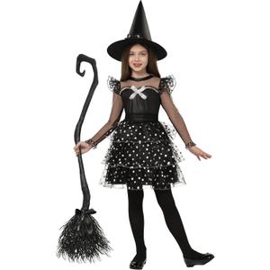 Spooktacular Creations Kids Witch Costume, Halloween Costume Witch Dress with Broom Hat Tights for Girls Glittery for Halloween Role Play Parties, Black (Medium(8-10 yrs)) (M)