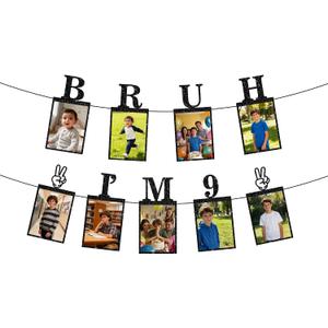 9th Birthday Decorations Banner Boy - 2 Pcs Black Glitter Photo Banner Bruh I M 9 with Photo Cards Pre Strung for Kids Boys 9 Year Old Birthday Party Decor Supplies
