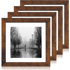 iRahmen 10x10 Picture Frame Set of 4 with Real Glass, Rustic Frames Display 8x8 Picture with Mat or 10 x 10 Without Mat, Wooden Square Photo Frame for Wall Mount and Tabletop Display (Dark Brown)