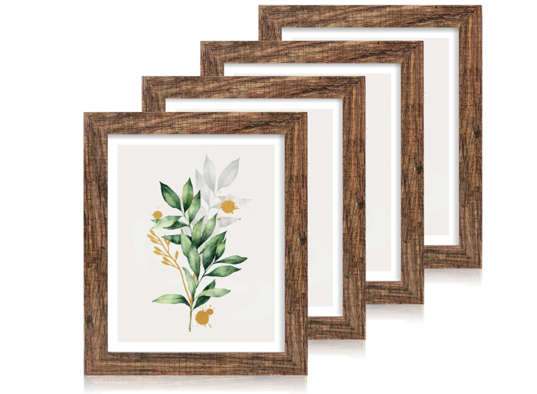 Hongkee 11x14 Picture Frame Set of 4, Made of Glass and Rustic Brown Wooden Frame, Display 8x10 Pictures with Mat or 11 x 14 Posters without Mat for Wall Mounting, Gallery Photo Frames
