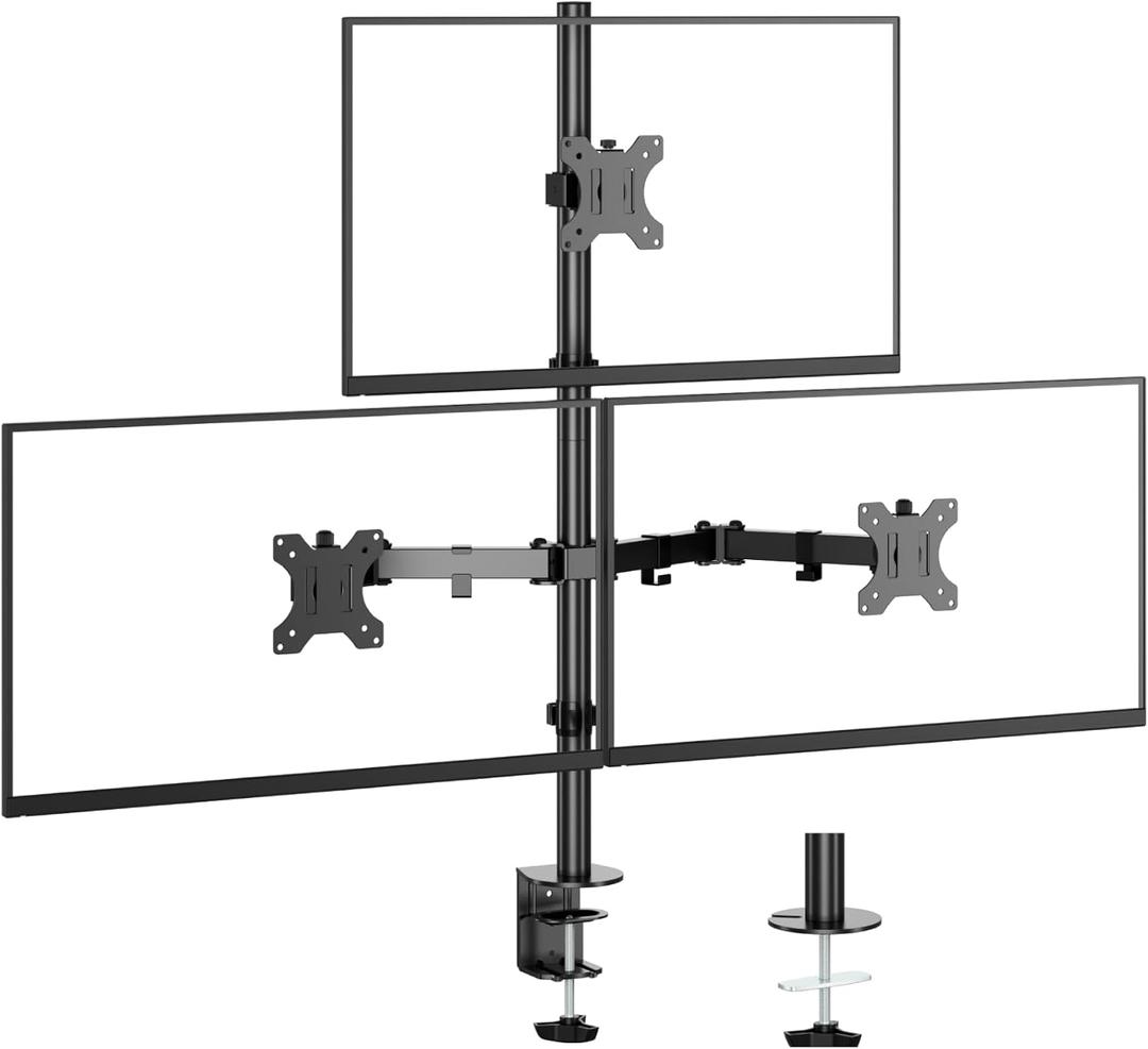 3 Monitor Desk Mount for 17 to 32 inch Screens, Fully Adjustable Triple Monitor Stand with Tilt,Swivel,Rotate, Each Arm Holds up 17.6 lbs,VESA Mount 75x75/100x100mm, Clamp & Grommet Kit