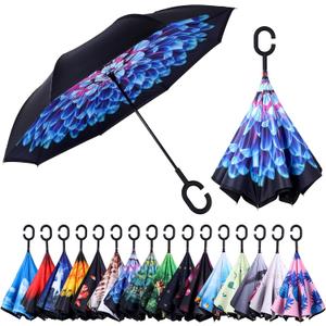 Inverted Reverse Umbrella with C-shaped Handle Windproof Upside Down Umbrellas for Rain Double Layer Hands Free Umbrella for Women and Men (Sapphire) (Sapphire-1)