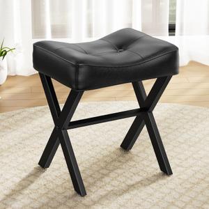 Memobarco 18-Inch Leather Vanity Stool Chair, Vanity Bench with Metal X-Leg, Ottoman Accent Stool with Thick Padded Saddle Seat, Black