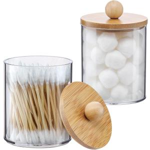 2 Pack Qtip Holder Dispenser with Bamboo Lids - 10 oz Clear Plastic Apothecary Jar Containers for Vanity Makeup Organizer Storage - Bathroom Accessories Set for Cotton Swab, Ball, Pads, Floss