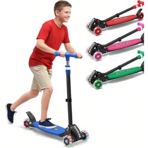 3 Wheel Kids Kick Scooter for Ages 3-12, Lean-to-Steer, Light-Up Wheels, 3-Level Adjustable Handlebar 27.5-33, Wide Non-Slip Deck, Dual Rear Brake,Travel Foldable, for Boys & Girls Toy Gifts (Blue)