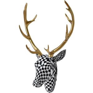 XYZWOMN Deer Head Wall Decor, 15.7 Inch Faux Resin Animal Head Wall Mount with Gold Antlers, Modern Mosaic 3D Wall Art Sculpture for Living Room Bedroom Home Decoration, Black and White