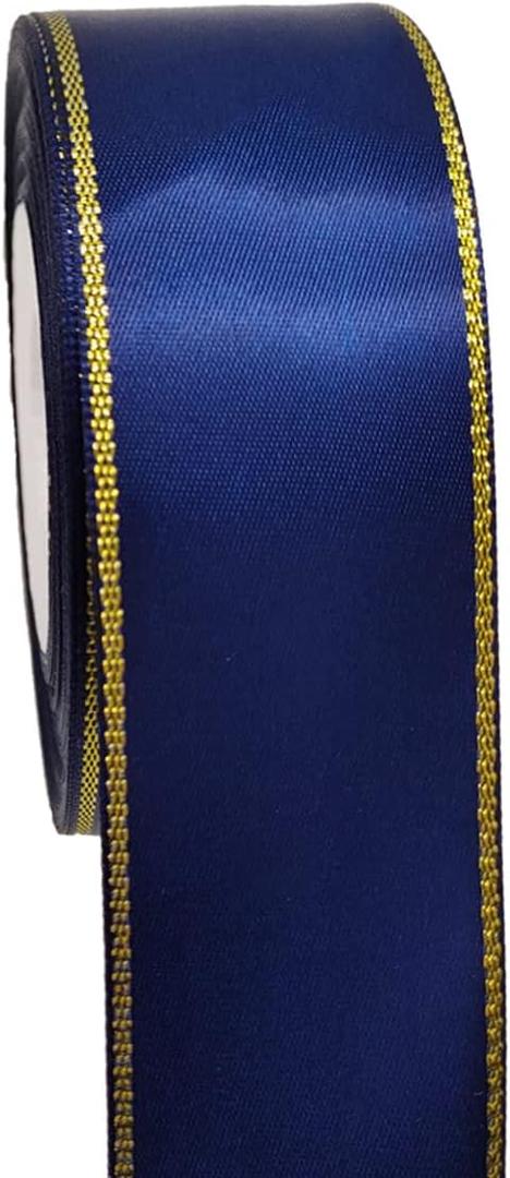 1-1/2 inch Navy Blue Satin Ribbon Roll with Golden Edge-25 Yards Glitter Wide Continuous Double Faced Boutique Ribbon for Gift Wrapping-DIY Crafts-Sparkly Party-Wedding-Baby Shower Decoration