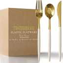Trendables 120 Pack Disposable Silverware Set - Plastic Cutlery Dinnerware - Includes 40 Plastic Forks - Plastic Spoons - Plastic Knives - Ivory & Gold Plastic Silverware Plastic Utensils Party Set