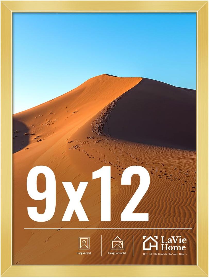 LaVie Home 9x12 Picture Frame for Wall Display, 9x12 Gold Picture Frame with HD Plexiglas, 9 x 12 Poster Frame 1 Pack, Display Frame for Vertical or Horizontal, Classic Collection