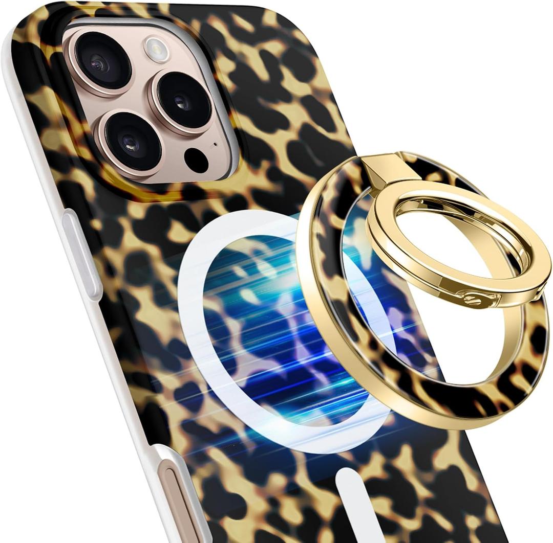 GVIEWIN Magnetic Phone Ring Holder, Compatible with MagSafe Phone Grip with Adjustable Stand, Magnet Phone Ring Kickstand for iPhone 17/16/15/14/13/12 Pro Max Plus Air/Other Phones (Tortoiseshell)