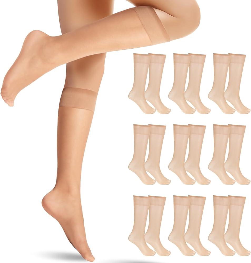 HAOWA 9 Pack Women's Knee High Stocking Nylon Pantyhose Socks, Nude, Large