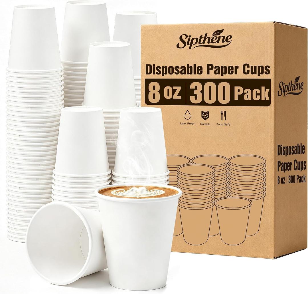 300 Pack 8 oz Paper Cups, Disposable White Hot and Cold Coffee Cups for Water, Tea, Juice, Cocoa, Bulk Party Office Home Travel