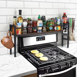 Meangood Spice Rack Shelf for Kitchen Stove, Over the Stove Shelf with 4 Hooks Extra Storage Countertop, Rustic Wood & Solid Metal Commbined Stove Shelf for Storage Seasoning, Easy to Assemble