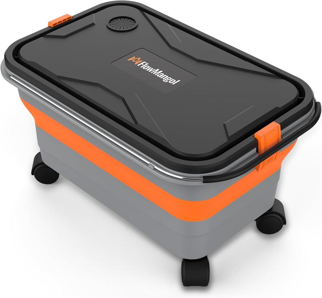 Flowmangol Glide CB 55 Collapsible Bucket 5.5 Gallon for Car Washing with Wheels, Handle, Drain Plug and Water Outlet, Foldable Multi-Use for Mop Cleaning, Camping, RV, Pet Bathing and Laundry