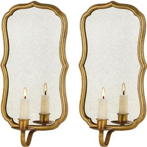 NIKKY HOME Gold Mirrored Wall Candle Holder Set of 2 - French Antique Wall Sconces for Taper Candle - Elegant Metal Hanging Candlestick Decor for Living Room, Bathroom