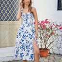 Women Summer Corset Midi Dress 2026 Floral Wedding Guest Flowy Slit Lace Up Dresses Tea Party A Line Casual Milkmaid Sundress (White, S)