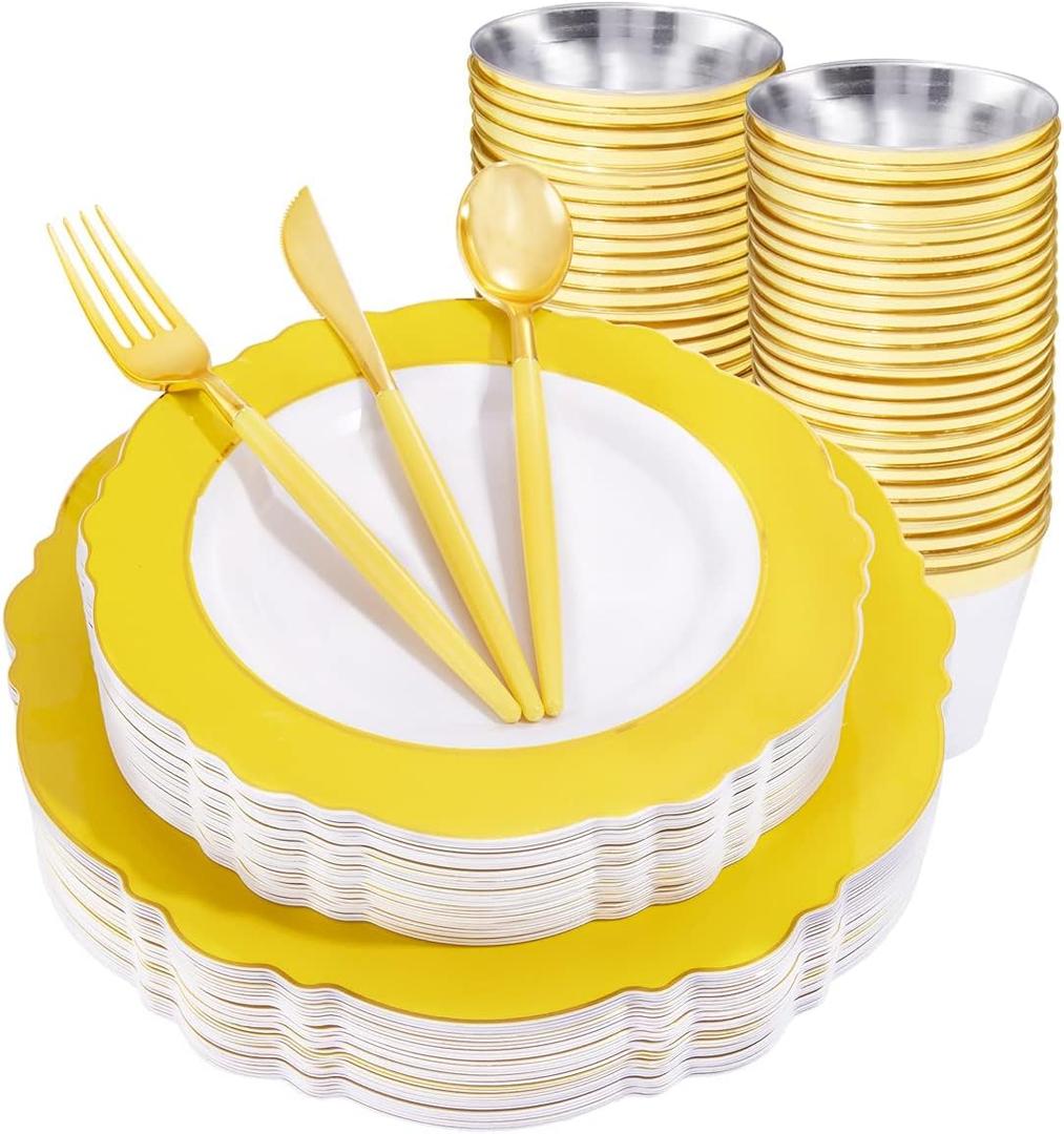 WDF 150pieces Yellow Disposable Dinnerware Hign-end Baroque Design - Sturdy&Durable Baroque Yellow Sunshine&Gold Plastic Dinnerware for Upscale Wedding/Birthday/Party (large and small)