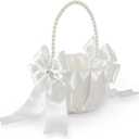 Happyiren Satin Wedding Flower Girl Basket - Elegant Pearl Handle with Bow Decoration, Ivory Color - 5.1" Diameter, Perfect for Flower Girls, Weddings, Bridal Showers, Proposals