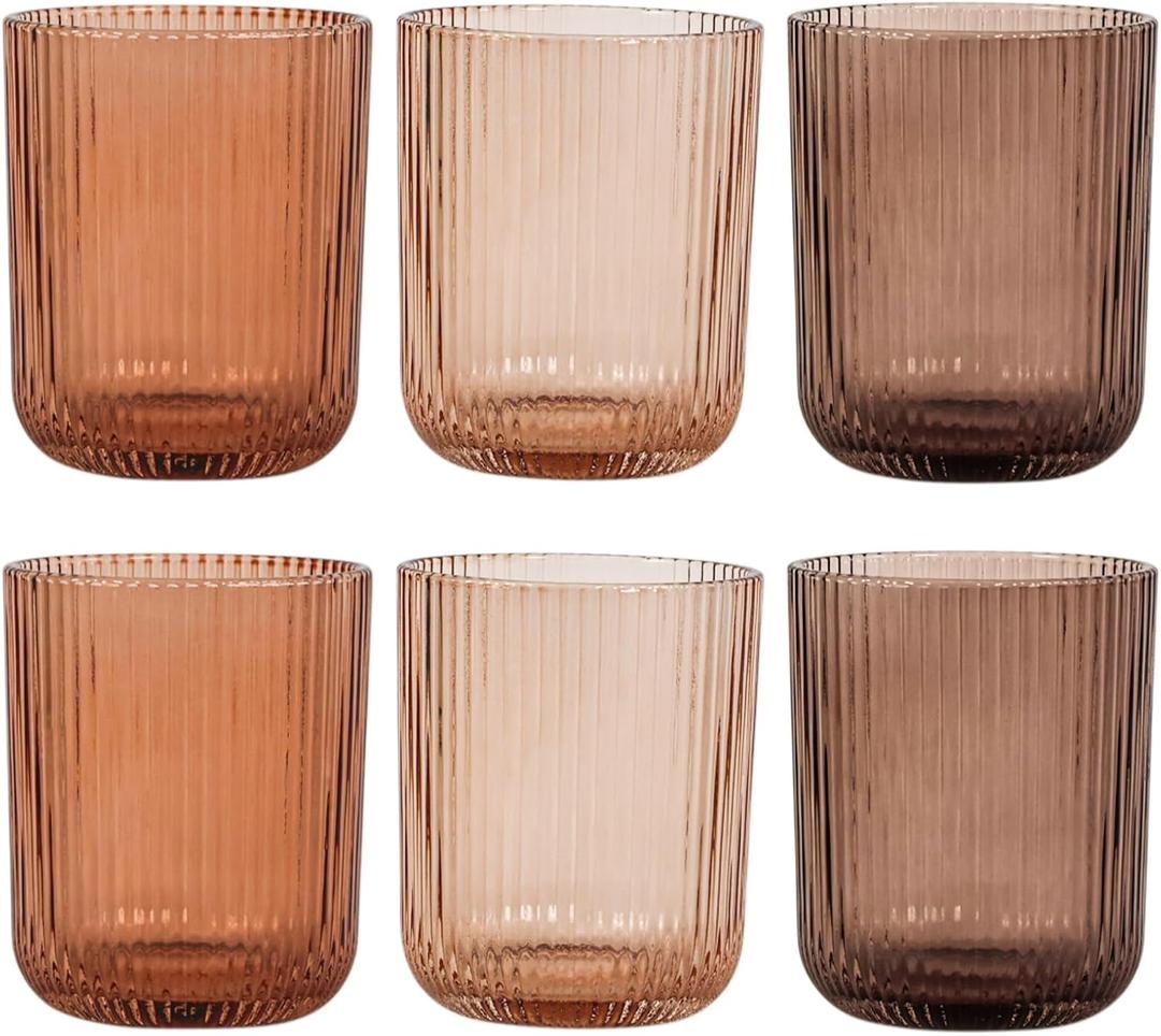 Drinking Glasses, Melanin Colored Highball Glasses Set Of 6, Ribbed Glassware Glass Cups, Water Glasses for Juice, Iced Coffee Cups, Cocktail Glasses - Christmas Gifts - 8.5 Oz