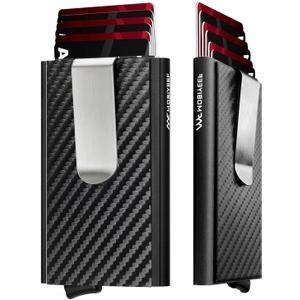 MOSIYEEF Slim Leather Card Holder RFID Wallet for Men - Minimalist Pop Up Men Wallet with Money Clip-wrapped Compact Carbon Fiber Wallet for 6 Credit Cards - Gifts for Him