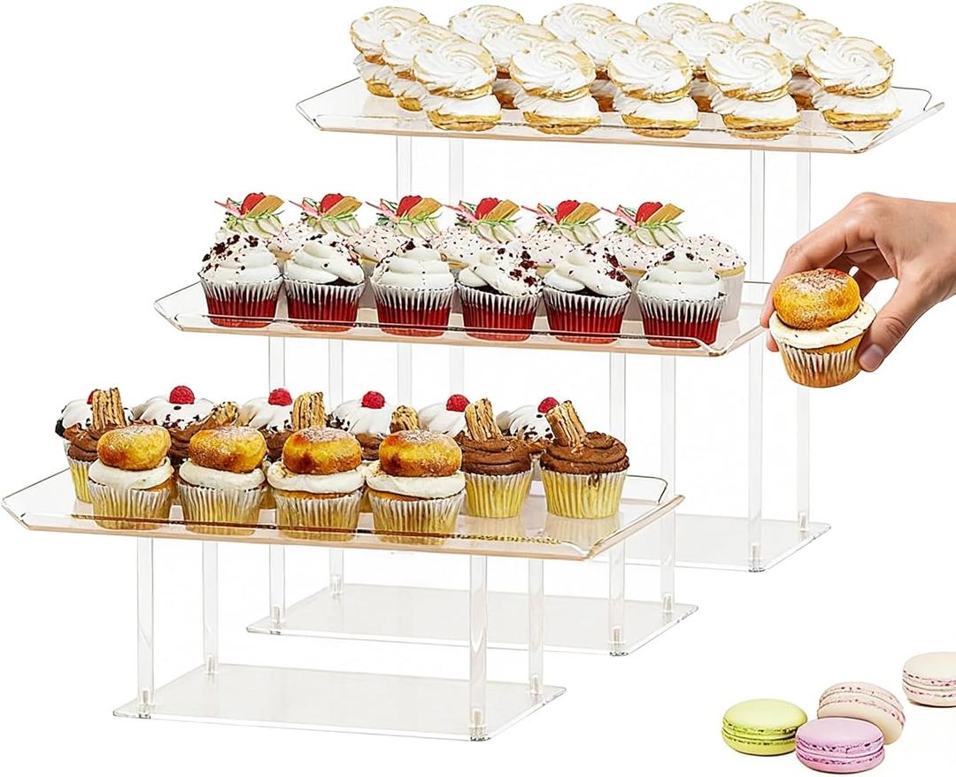 HeiMma 3 Pack Dessert Table Display Set, Clear Acrylic Desert Stands Buffet Risers for Cupcakes Dessert Pastry Food Treat Tier Cookie Dessert Platter Serving Trays Stand for Wedding Birthday Party
