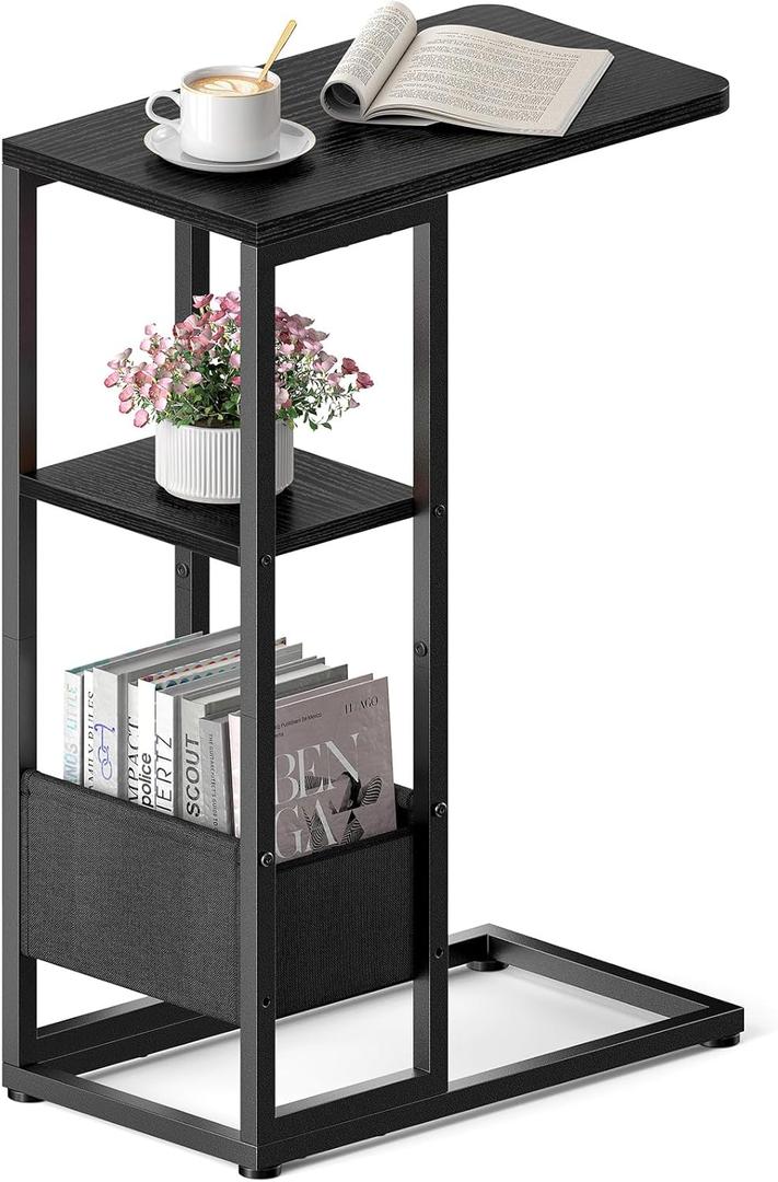 C Shaped End Table, Small Side Table for Couch, Recliner, Slide Under Sofa Tray Desk Snack Tables with Storage Bag for Living Room,Bedroom, Small Spaces - Black