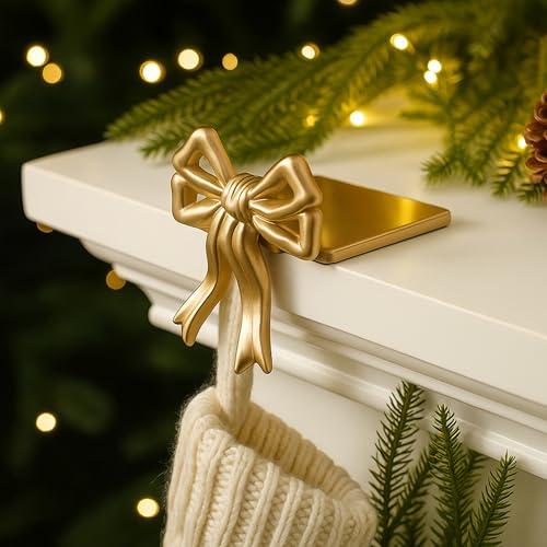 MorningRo 3 Pcs Gold Bow Christmas Stocking Holder Heavy Duty Cast Iron Gold Christmas Bow Stocking Holder Xmas Home Metal Decoration for Mantle Fireplace Shelf Staircase Decoration(Novelty)