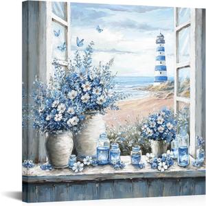HOMEOART Lighthouse Canvas Wall Art Ocean Beach Seascape Decor Art Prints Framed Coastal Picture,Blue Bathroom Decor,Beach Bedroom Living Room Decoration Artwork 24inchx24inch