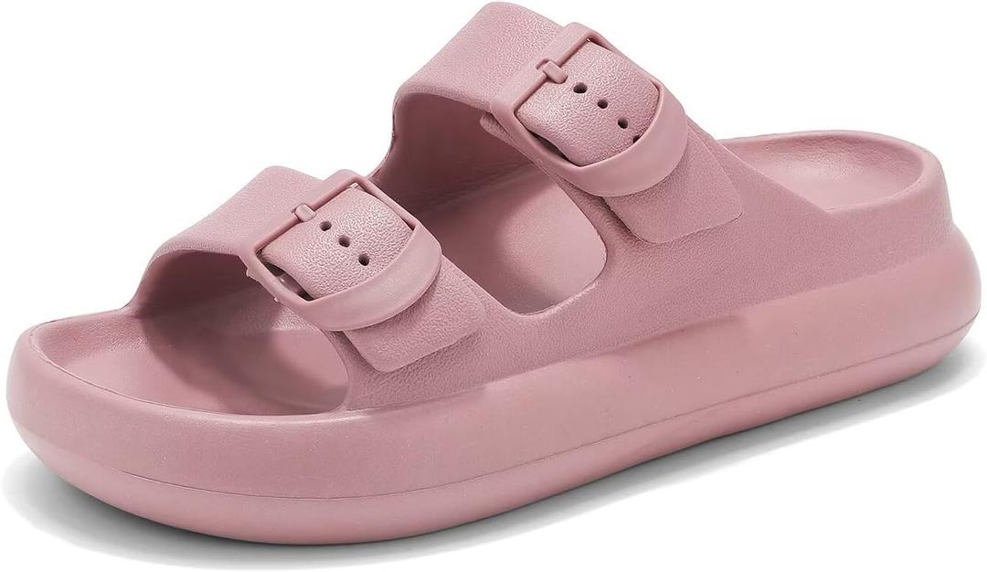 Womens Platform Cloud Slides with Arch Support, Adjustable Double Buckle Recovery Sandals, Comfort Lightweight Ultra Cushion Wedge Sandal (Pink)