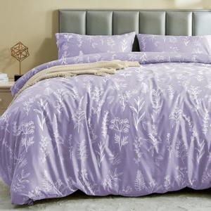 MUXHOMO Duvet Cover Queen Size, Reversible Floral Lavender Duvet Cover Set with Zipper Closure, 3 Pieces Botanical Patterns Soft Microfiber Bedding Set with 4 Ties (90"x90", 2 Pillow Cases) (01 - Lavender Leaves (No Comforter))