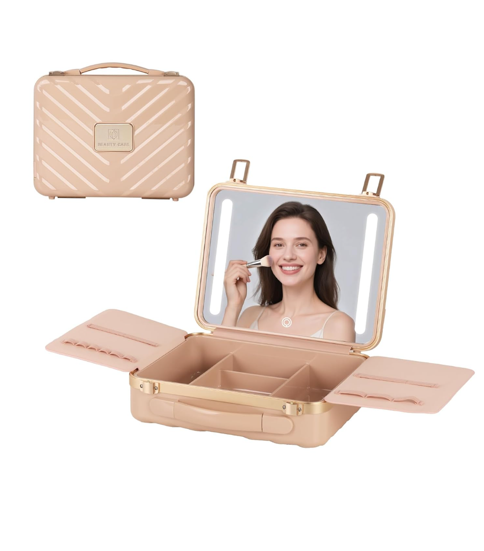 Makeup Case with 4K LED Mirror, 12 Inch Shockproof ABS Hard Shell Cosmetic Organizer Bag, Portable Travel Vanity Box with Aluminum Frame, Snap Buckle, Gift for Women Girls, Pink