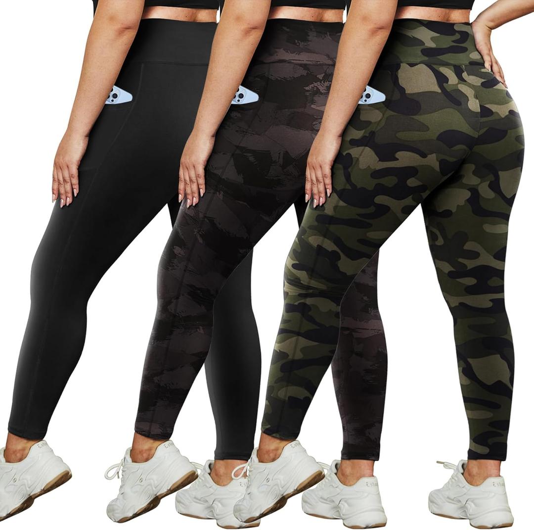 HLTPRO 3 Pack Plus Size Leggings for Women(X-Large - 4X)- High Waist Stretchy Soft Pants for Workout Running Yoga (Pockets Black/ Green Camouflage/ Splinter)