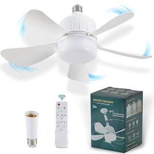 18" Socket Fan Light with Remote, Dimmable LED Ceiling Fans with Lights, Screw in Socekt Fans and 1 Socket Extender, 3 Colors 3000K-6500K, Replacement Light Bulb Fan for Kitchen Garage Bedroom