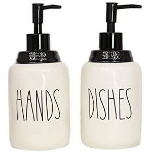 Modern Farmhouse Ceramic Dishes and Hands Soap Dispenser Set for Kitchen | Stainless Steel Pumps | 14oz, White Bottles | Kitchen Dcor for Counter
