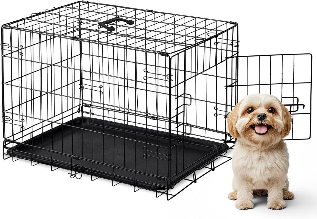 DUMOS Dog Crate, 30 Inch Medium Size Single Door Dog Cage with Plastic Leak-Proof Pan Tray, Folding Small Metal Wire Pet Kennel for Indoor, Outdoor, Travel