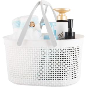 Rejomiik Portable Shower Caddy Basket, Plastic Organizer Storage Tote with Handles for Bathroom, College Dorm, Kitchen, White (1 Pack)