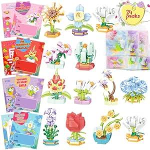 DINESIL 24 Packs Valentines Day Gifts for Kids, Flower Building Blocks with Valentines Day Cards for School Classroom Exchange, Valentine Party Favor