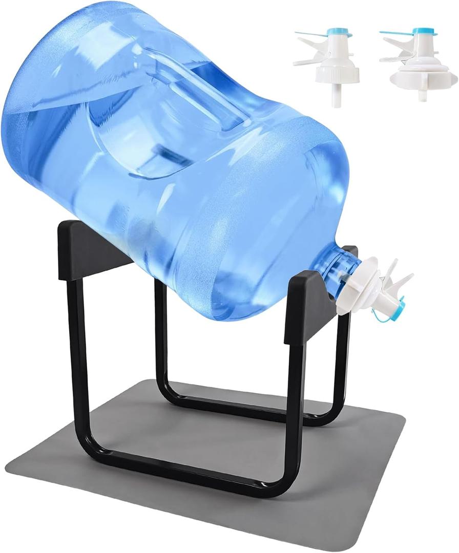 3-5 Gallon Water Jug Stand with 2 Dispenser Valves, Rust-Resistant Steel Stand with BPA-Free Fast Flow Spout, Fits Both 48mm and 55mm Standard Bottles (2 Caps Included)