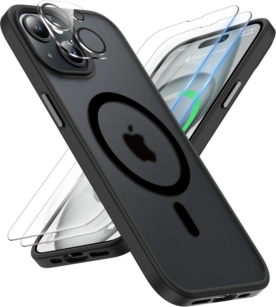 ORETECH Magnetic for iPhone 15 Plus Case, [Compatible with MagSafe] [2 Pcs Screen Protectors] [15 FT Drop Protection] Frosted Translucent Back, Shockproof, Anti-Scratch Phone Case Cover, Black