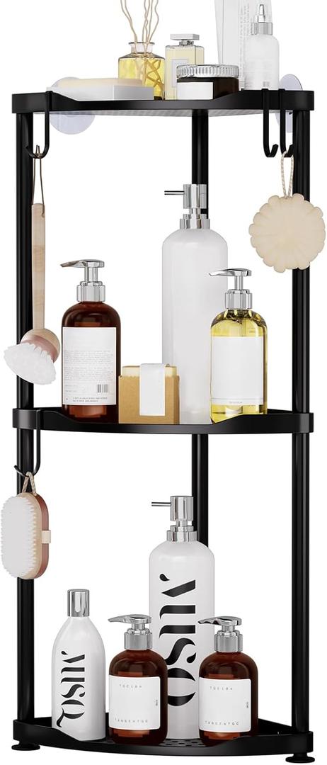 SWTYMIKI Corner Shower Caddy Standing - 3 Tier Stainless Steel Shower Organizer Stand, Large Capacity Floor Shelf with 4 Hooks, Rustproof Bathroom Storage Rack, Black