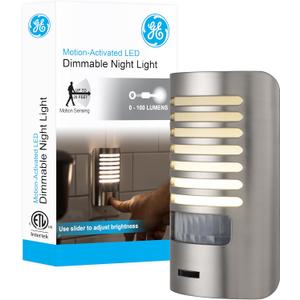 GE LED Night Light, Motion Sensing, Dimmable, Louver Shade, Brushed Nickel, Plug-in, UL-Certified, Ideal Nightlight for Bedroom, Bathroom, Kitchen, Hallway, and More, 67551