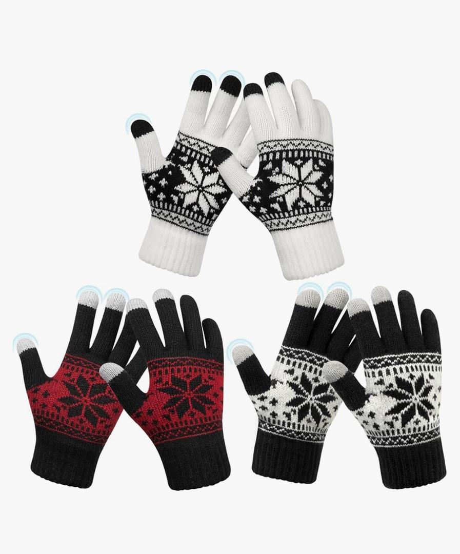 YSense 3 Pairs Touch Screen Gloves Snow Flower, Warm Knit Winter Gloves Christmas Gifts Stocking Stuffers for Women Gifts