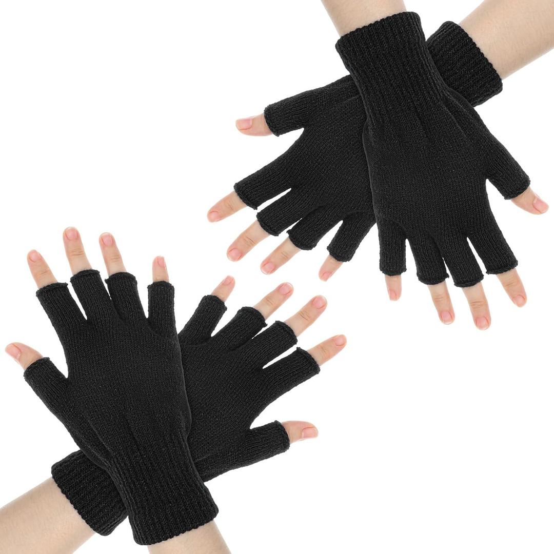 2 Pairs Knit Warm Fingerless Gloves for Men Women, Stretch Half Finger Gloves for Cold Weather, Half Finger Typing Glove, Winter Warm Knitted Mittens for Women Men (One size, Black)