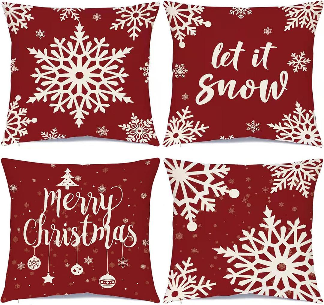 Ueerdand Christmas Decorations Pillow Covers Set of 4 Farmhouse Holiday Rustic Linen Pillow Case for Sofa Couch Christmas Decor - 18x18 Inch