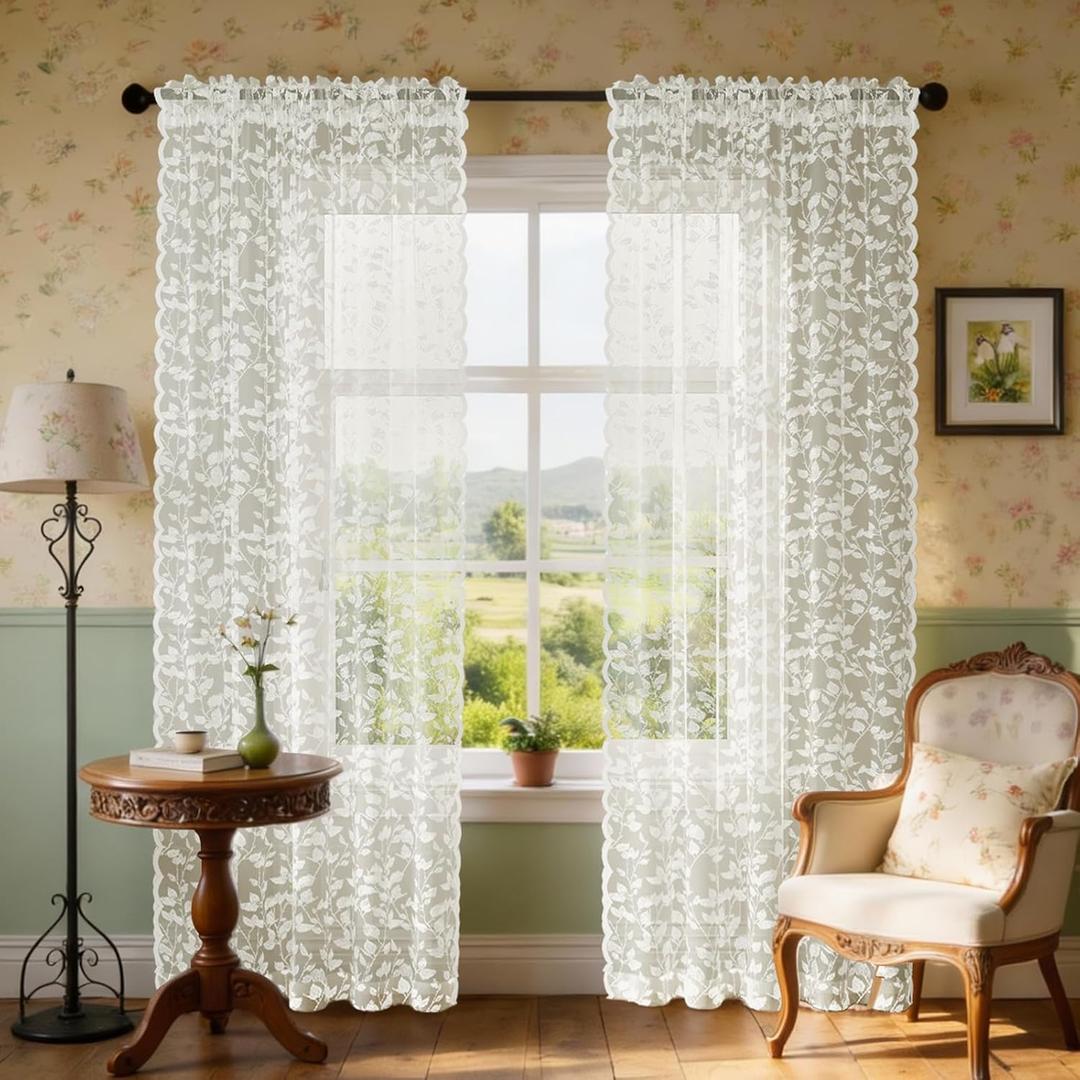 Rinwoc Ivory Lace Sheer Curtains 84 inches Long  Vintage Leaves Pattern Lace for Living Room/Bedroom, Light Filtering Rod Pocket Drapes, Privacy Chic Window Treatments, 52W x 84L Inch, 2-Panel Set