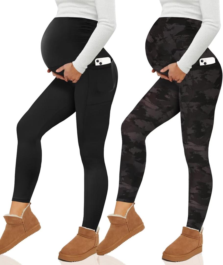 Happy.angel 2 Pack Maternity Fleece Lined Leggings Over The Belly, Womens Black Workout Yoga Pregnancy Pants with Pockets (Small)