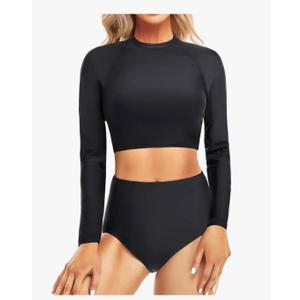 Pinup Fashion Long Sleeve Rash Guard - 2 Piece Swimsuit Bathing Suits with Bottom Swim Top UV UPF 50+ S